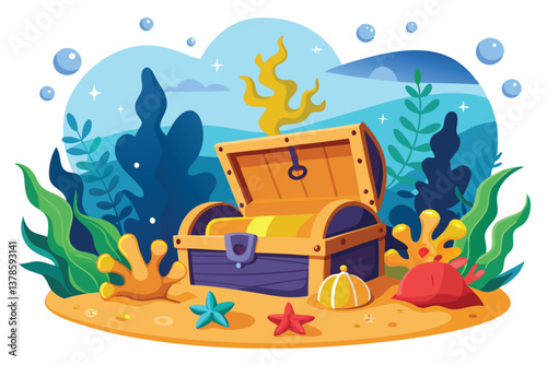 Cartoon Treasure Chest with Starfish, Seaweed and Underwater on Transparent Background