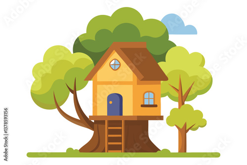 Cartoon Treehouse with Ladder, Foliage, Blue Door and Cloudy Sky, Nature Concept