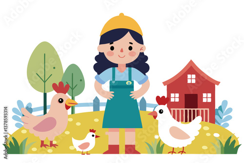 Cartoon Woman Farmer with Chickens and Barn with White Background