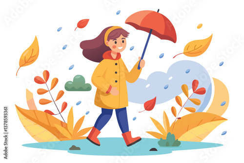 Cartoon Woman with Red Umbrella Walking in Autumn Leaves and Rain on White Background