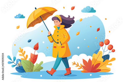 Cartoon Woman with Yellow Umbrella in Autumn Rain Puddle Leaves on White Background