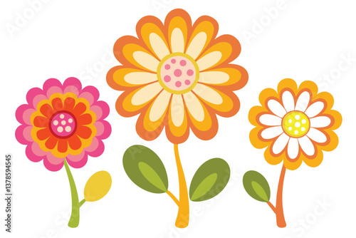 Colorful Floral Set With Retro Style Petals, Stems and Leaves On White Background