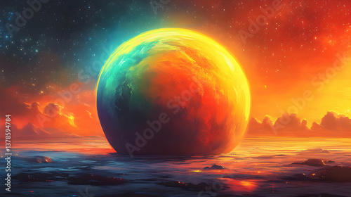 Abstract Sphere Planet on Horizon under Colorful Sky with Stars and Clouds in Digital Pixelated Style