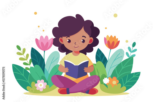 Cheerful African Girl Reading Book Amidst Floral Garden, White Background