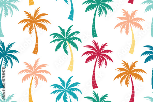 Colorful Palm Tree Seamless Pattern on White, Repeating Tropical Island Design