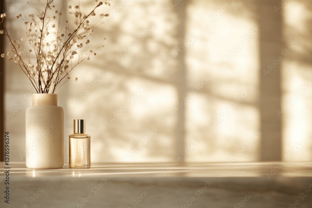 Fototapeta premium Soft sunlight casts delicate shadows on minimalistic table with