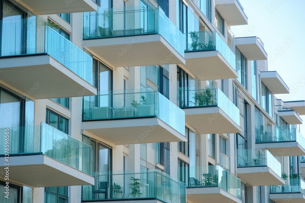 Glass balconies on modern apartment complex near the sea. AI generated illustration. Glass balconies on modern apartment complex near the sea. AI generated illustration.