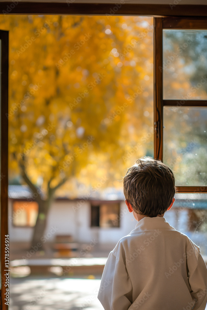 A young rural student in a white uniform stands looking out a window at a yellow tree at a rural school.