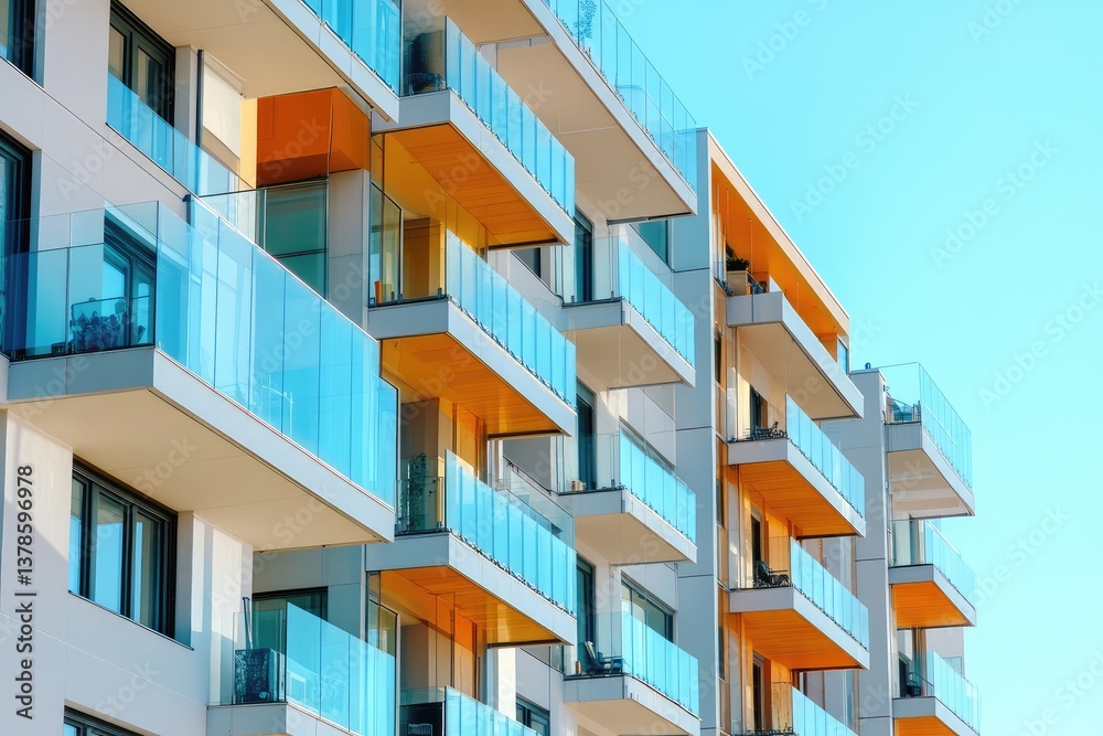 Glass balconies on modern apartment complex near the sea. AI generated illustration. Glass balconies on modern apartment complex near the sea. AI generated illustration.
