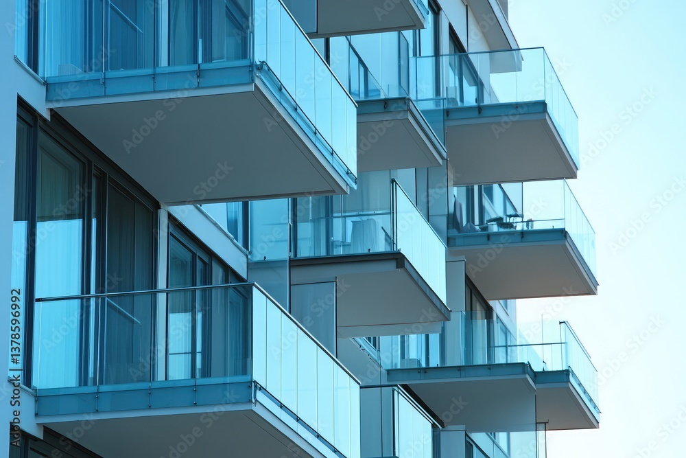 Obraz premium Glass balconies on modern apartment complex near the sea. AI generated illustration.