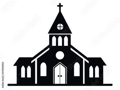 Gothic Church Outline, Vector Illustration. Traditional Christian Church Icon Black and White