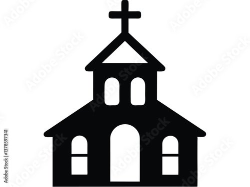 Black Silhouette of a Christian Church with Cross. Minimalist Church Silhouette Against Sunset Sky