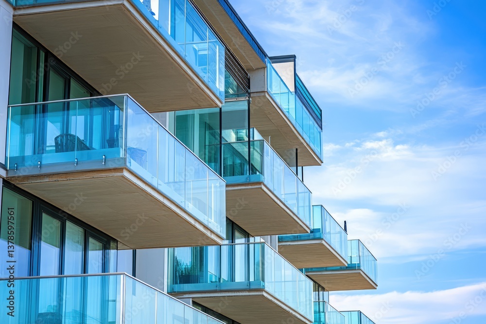 Obraz premium Glass balconies on modern apartment complex near the sea. AI generated illustration.