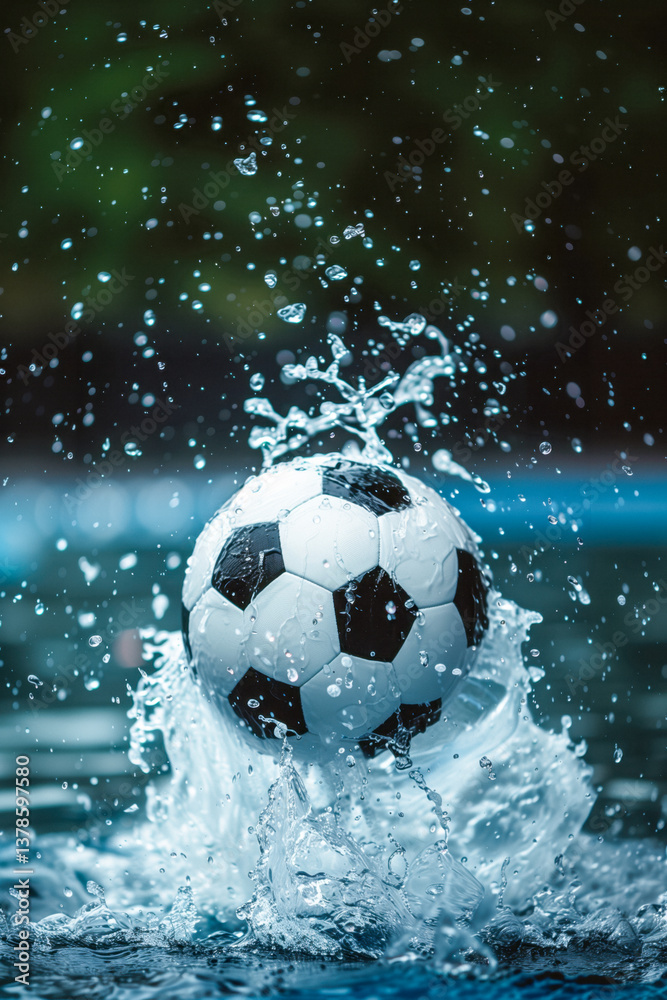 Close-up of a soccer ball splashing in water.