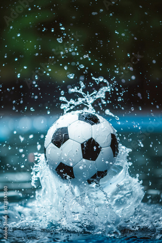 Obraz na płótnie Close-up of a soccer ball splashing in water. w salonie