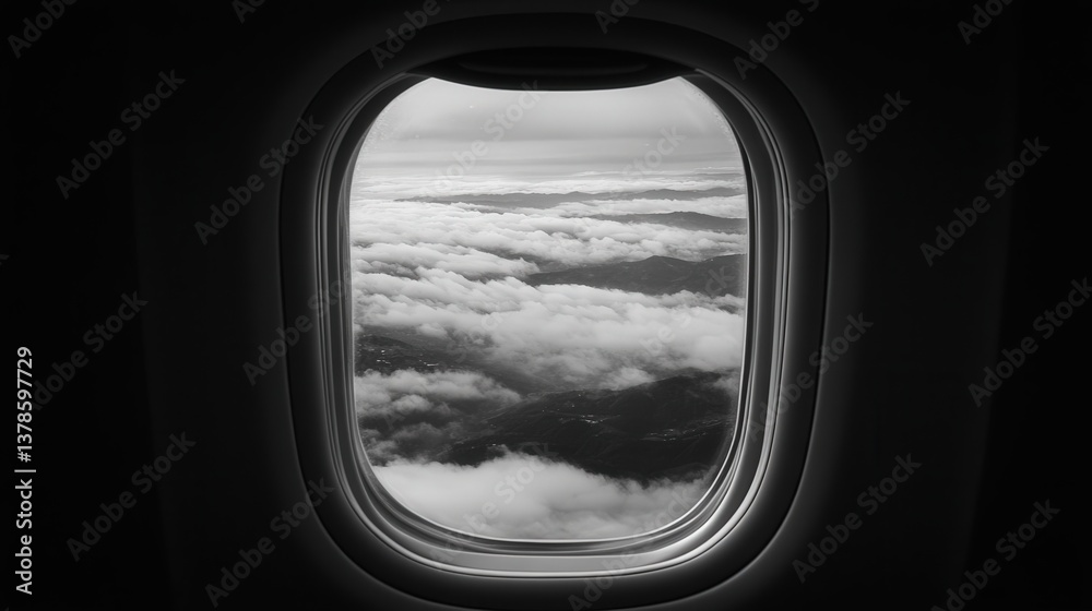 the airplane ascends, a layer of mist covers the valleys below, visible through the window like a soft, ethereal blanket.