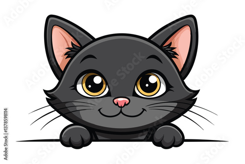 Cute Cartoon Gray Cat with Golden Eyes Smiling on a White Background