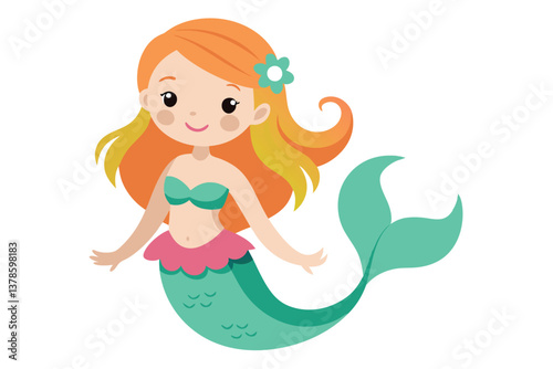 Cute Cartoon Mermaid with Orange Hair and Teal Tail on Transparent Background