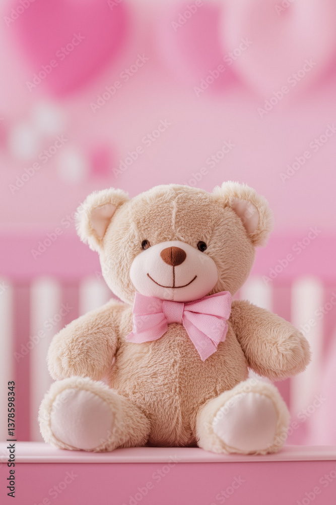 Close-up of a teddy bear with a pink bow tie, against a pink background.