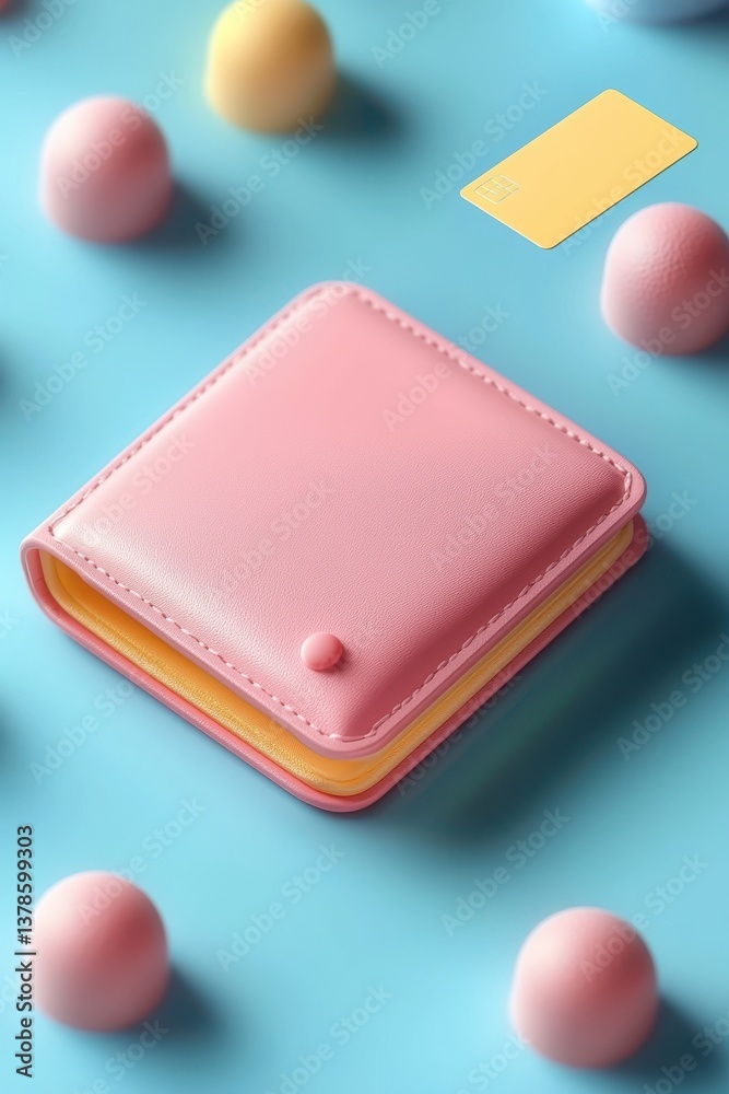 Colorful wallet with card in a playful and vibrant 3D rendering Colorful wallet with card in a playful and vibrant 3D rendering