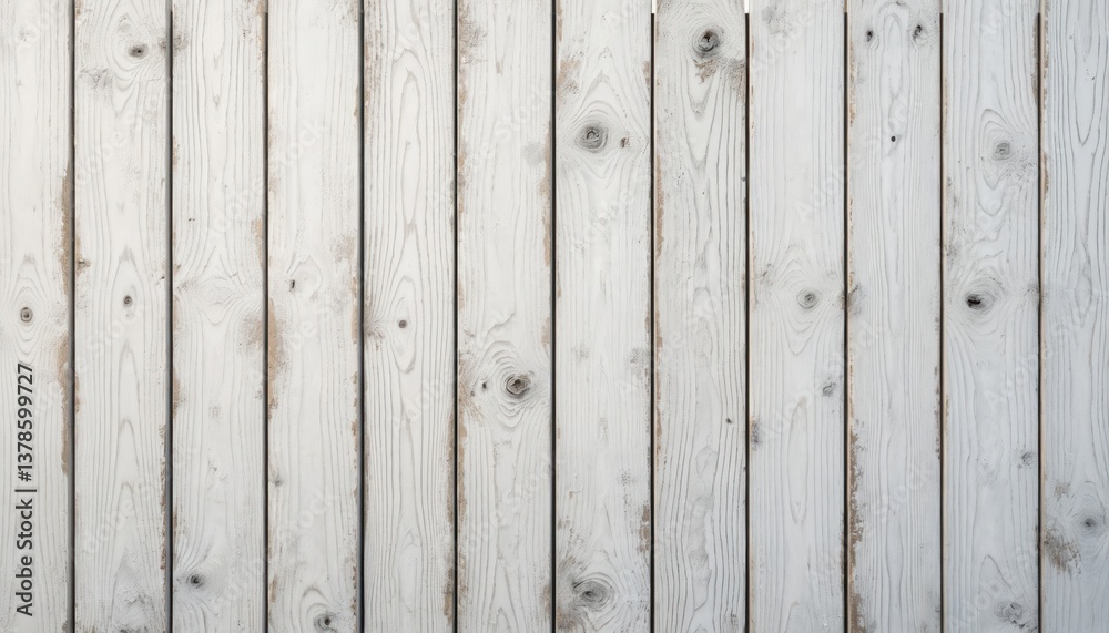 Fototapeta premium Whitewashed wooden fence panels. Rough wood texture, weathered background. Vertical planks, rustic design. Great background for presentations, web design, posters, ads. Rustic farmhouse style