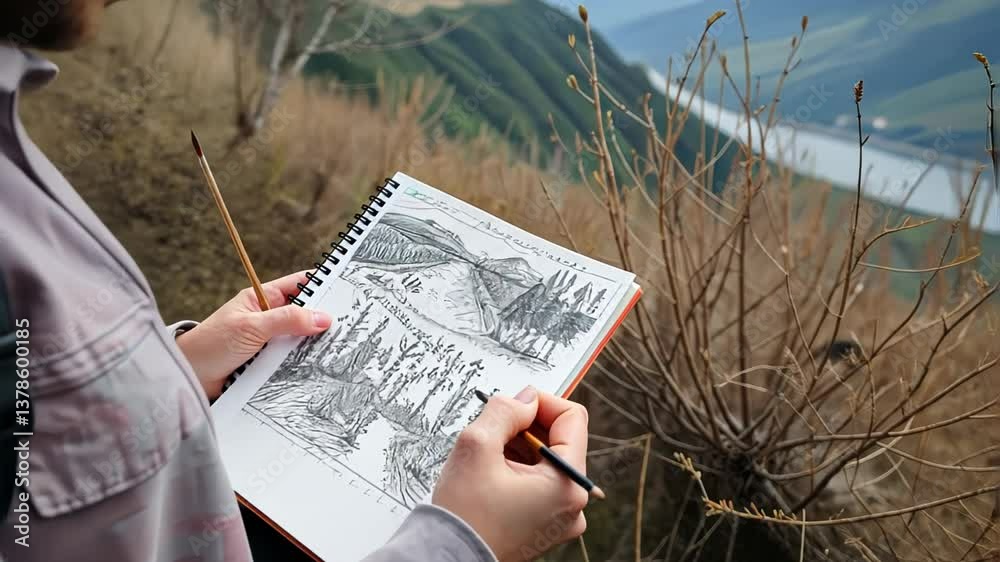 Artist sketching landscapes in nature against a scenic backdrop  