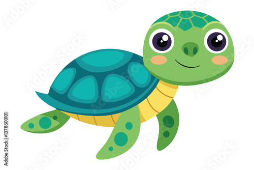 Cute Green Cartoon Turtle with Big Eyes and Turquoise Shell on Transparent Background