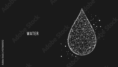 White water drop. Low poly wireframe style. Science, biotechnology, chemistry, medical concept. Abstract background. Vector illustration.