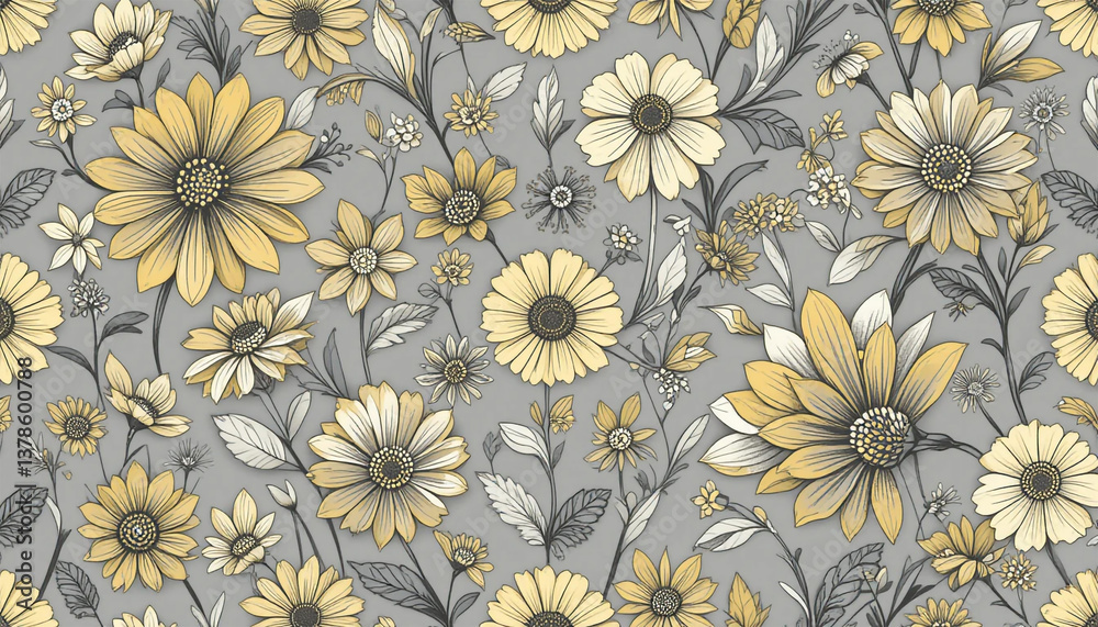 A serene garden of yellow and grey wildflowers blooming in harmonious summer abundance, rendered in delicate hand-drawn style. A serene garden of yellow and grey wildflowers blooming in harmonious summer abundance, rendered in delicate hand-drawn style.