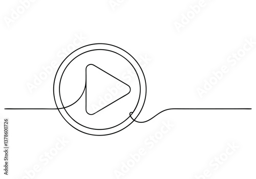Continuous line drawing of a play icon in a minimalist linear style for media, video, or music player buttons