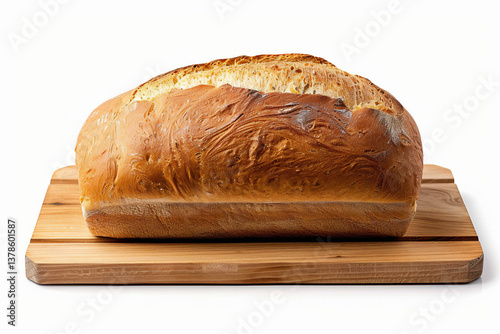 This image shows a loaf of bread sitting on a wooden cutting board.