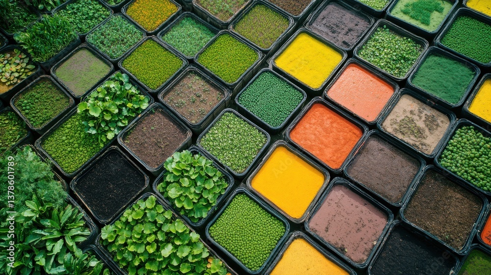Fototapeta premium Aerial view of diverse crops organized in colorful geometric patterns