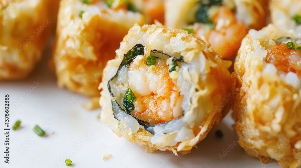 tempura shrimp on a white surface, highlighting its golden, flaky batter and tender shrimp inside. tempura shrimp on a white surface, highlighting its golden, flaky batter and tender shrimp inside.