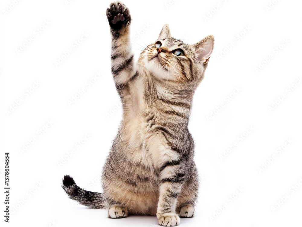 Obraz premium Curious Cat: A young, playful tabby cat extends its paw towards the camera, showcasing its curiosity, playful nature, and the elegant curve of its posture.