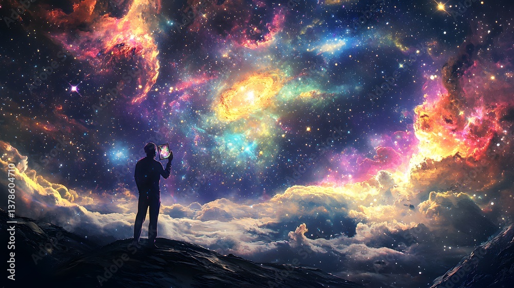Obraz premium A cosmic traveler painting constellations onto the fabric of space, stars forming beneath their brush, cinematic celestial artistry