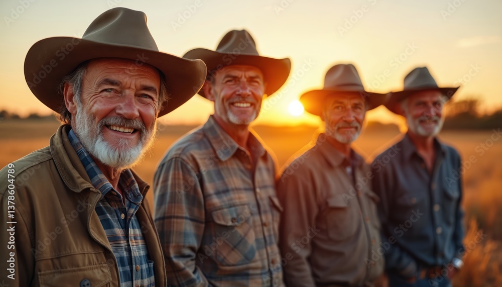 Four smiling old farmer men stand countryside field at sunset. Farmers wear hats looking camera. Ranch workers enjoy warm evening, golden hour. Idyllic rural photo. Golden light. Four smiling old farmer men stand countryside field at sunset. Farmers wear hats looking camera. Ranch workers enjoy warm evening, golden hour. Idyllic rural photo. Golden light.