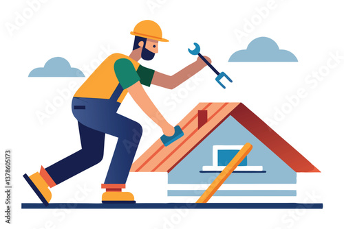 Flat of Construction Worker with Hard Hat Repairing the Roof on White