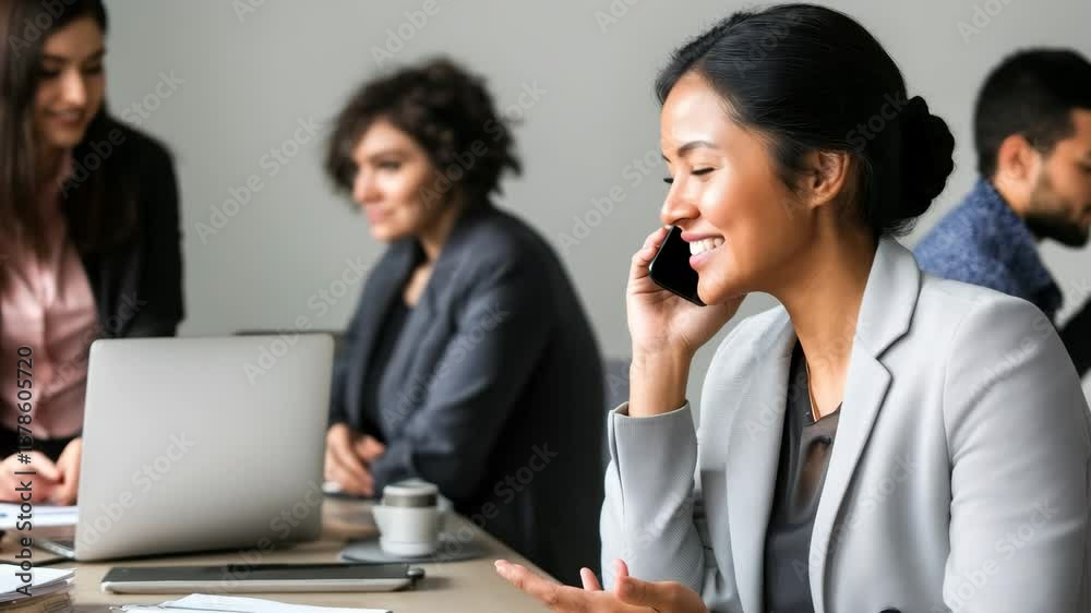 Businesswoman talking on the phone, smiling while working in a corporate office with colleagues. Businesswoman talking on the phone, smiling while working in a corporate office with colleagues.