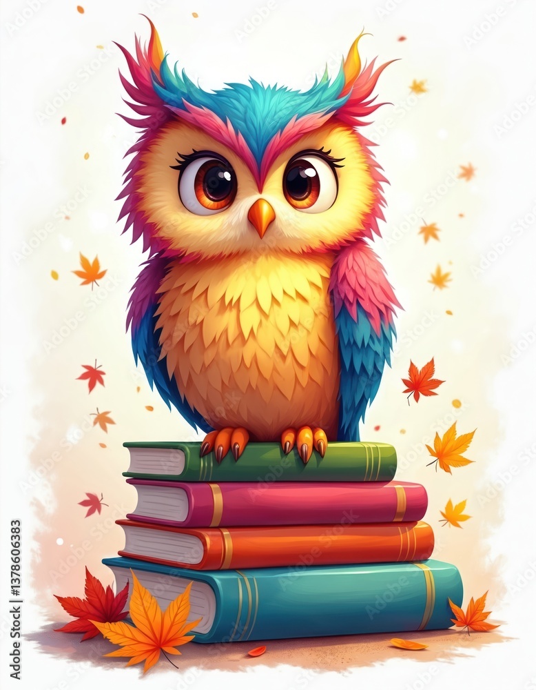Fototapeta premium Cute colorful owl sits on books. Illustration for back school. Smart owl, education concept. Books, autumn leaves. Watercolor style, bright colors, cartoon character.