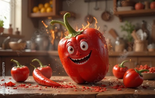 Eine digitale Illustration einer roten Paprika vor einem feurigen Hintergrund.