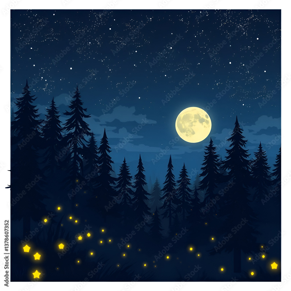 Fototapeta premium Anime style of dark night forest with full moon in the sky with Glowing Fireflies Under a Starry Sky