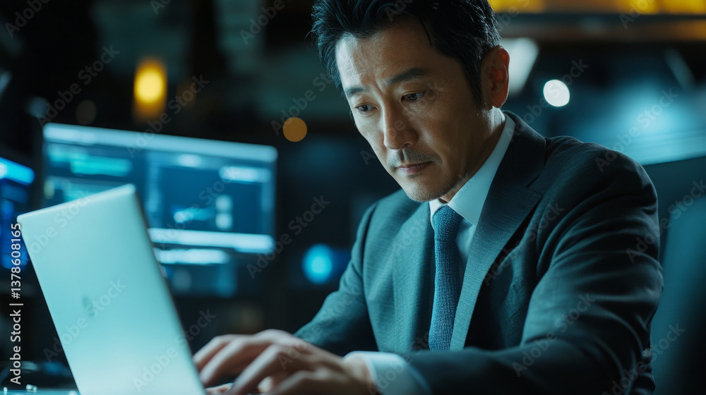 Fototapeta premium Cybersecurity analyst resolves data breach crisis corporate office digital narrative high-tech environment focused viewpoint