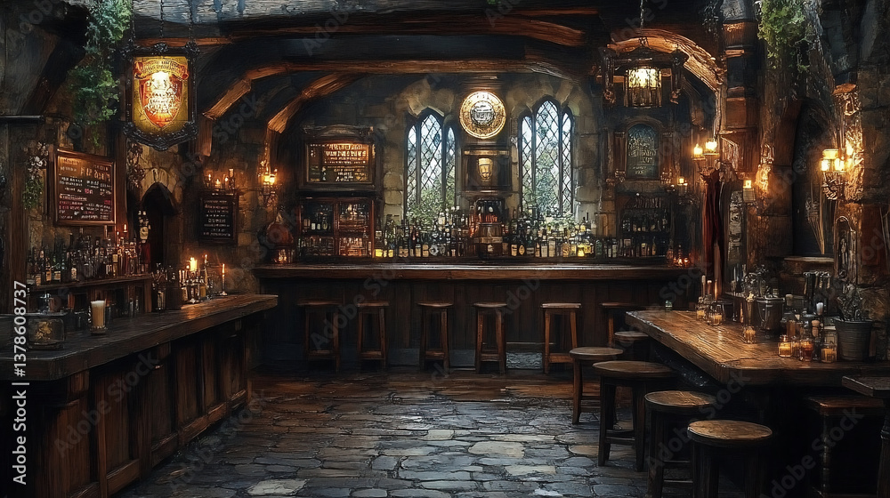 Fototapeta premium 中世ファンタジー風の酒場の内装イメージ