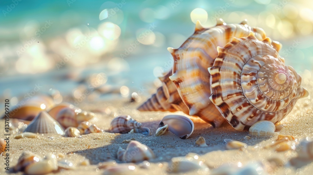 Seashell closeup on tranquil beach nature photography serene environment summer vibes Seashell closeup on tranquil beach nature photography serene environment summer vibes