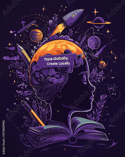 Think Globally Create Locally Globe Illustration -Inspirational design, creative poster, innovation art