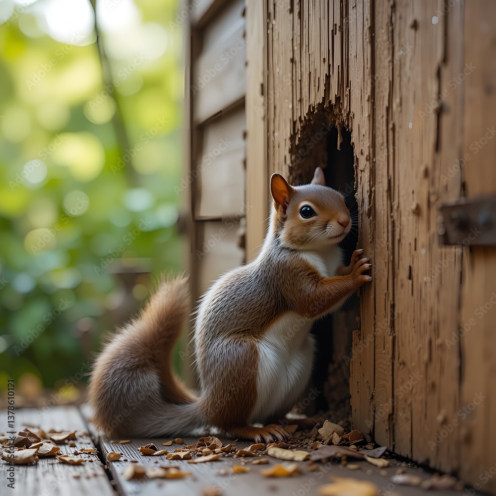 Playful Squirrel at Small Opening in Wood
* Cute Animal Portrait: Squirrel by Wooden Door
Focusing on the Environment & Setting:
* Squirrel at Wooden Shed Door in Natural Setting
* Rustic Scene wit
