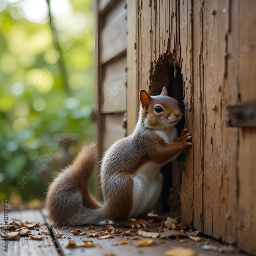 Obraz na płótnie Playful Squirrel at Small Opening in Wood
* Cute Animal Portrait: Squirrel by Wooden Door
Focusing on the Environment & Setting:
* Squirrel at Wooden Shed Door in Natural Setting
* Rustic Scene wit w salonie