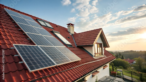 Wallpaper Mural solar panels on red tile roof, provide alternative energy Torontodigital.ca