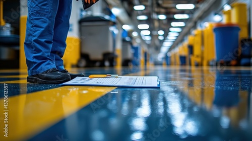 Worker inspecting a clipboard on a shiny floor in a clean industrial hallway with equipment