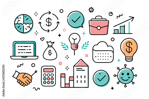 Finance Icons Set with Money, Graph, Calculator in Trendy Flat Line Style Isolated